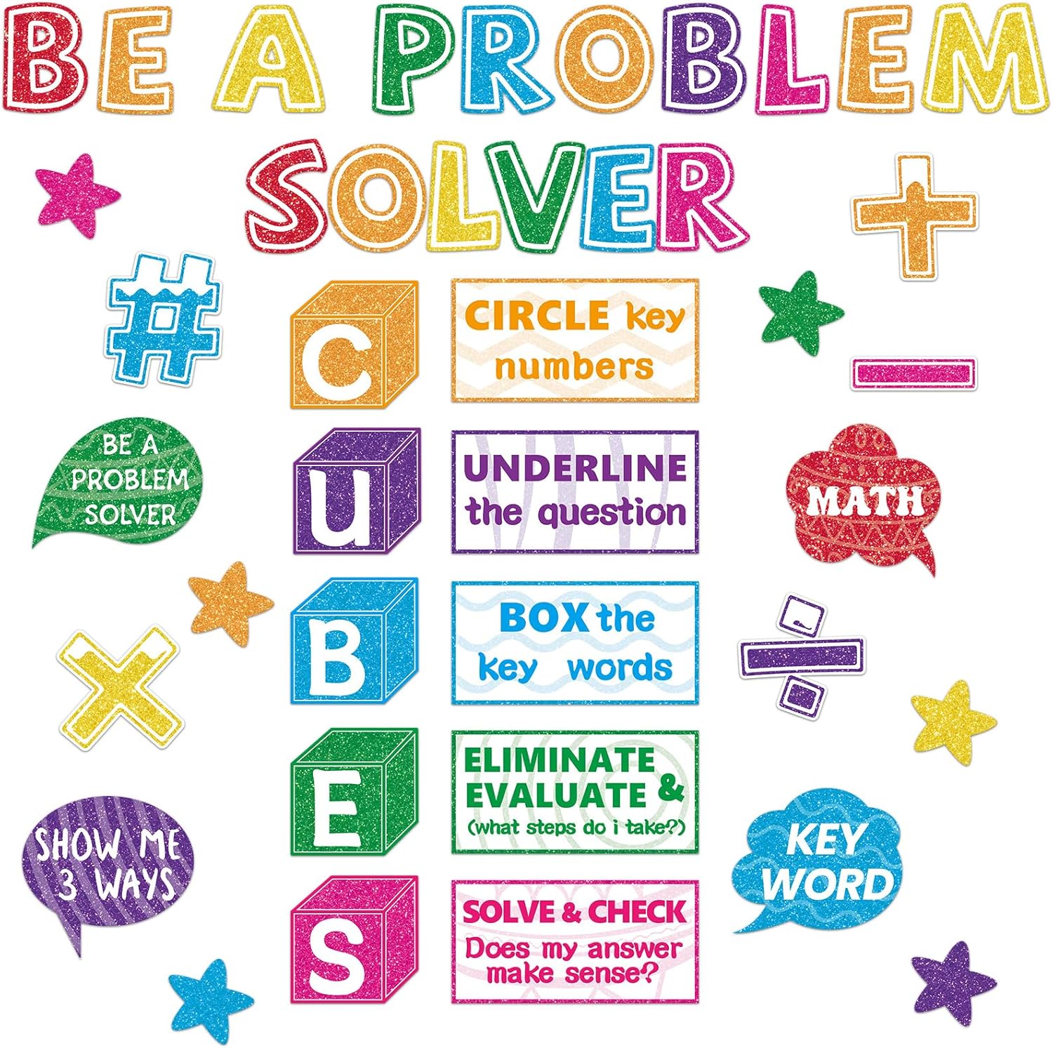 41Pcs Math Bulletin Board Set Cubes Math Keywords Paper Cutouts Problem Solving Bulletin Board Cutouts Math Posters for Classroom School Wall Home Elementary Preschool Teacher Supplies