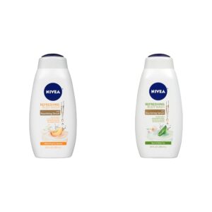 NIVEA Refreshing Body Wash Set with Nourishing Serum, Moisturizing Wash for Dry Skin, Basil & White Tea & White Peach Jasmine Scents, 20 Fl Oz Each