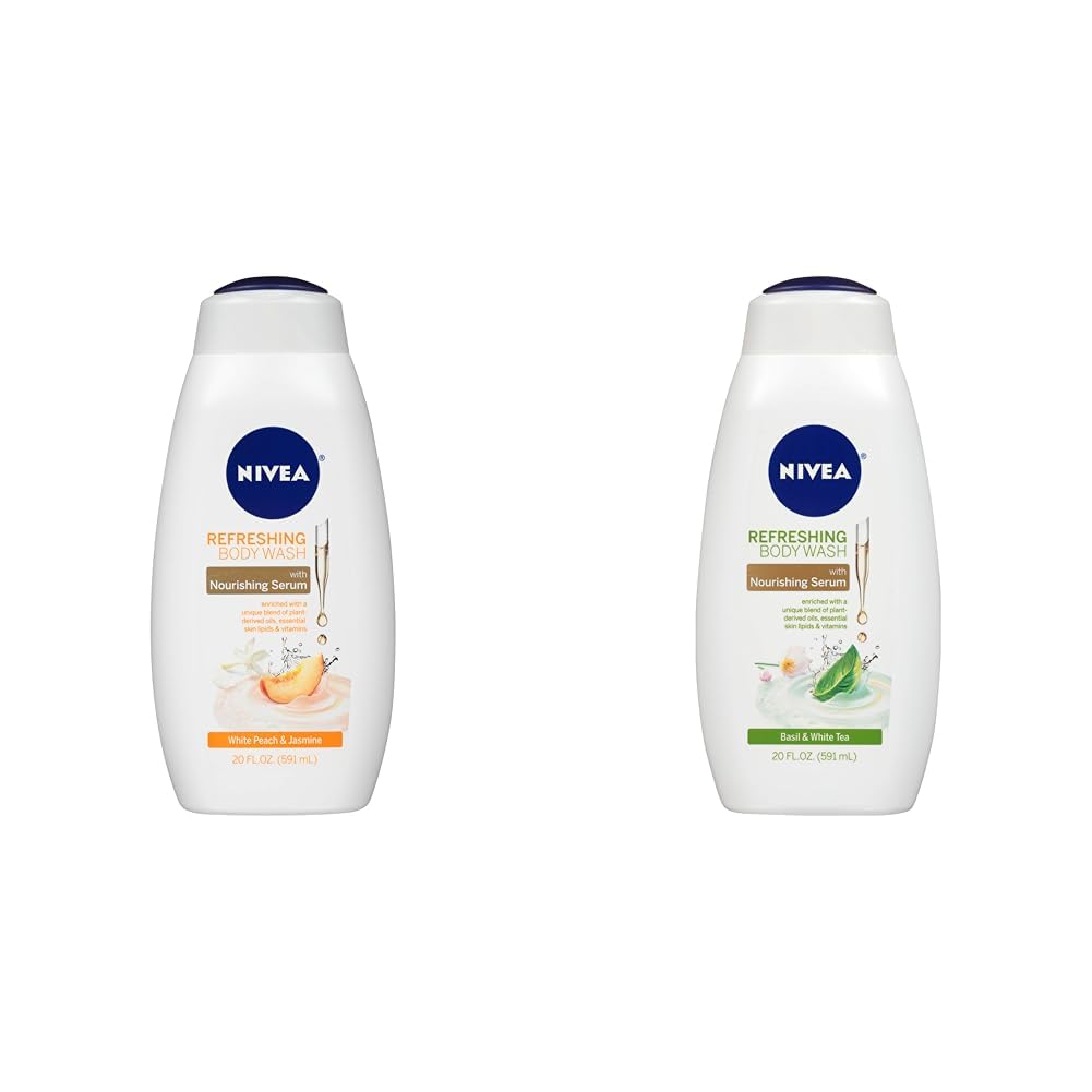 NIVEA Refreshing Body Wash Set with Nourishing Serum, Moisturizing Wash for Dry Skin, Basil & White Tea & White Peach Jasmine Scents, 20 Fl Oz Each