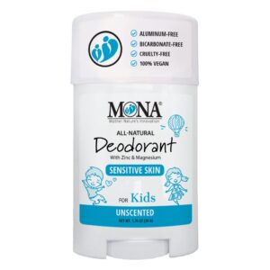 MONA UNSCENTED 100% Natural Deodorant for Kids, Preteens & Teens | Hypoallergenic & Vegan | No Baking Soda, Synthetic Scents or Aluminum | Safe for Kids with Sensitive Skin | (UNSCENTED 1.76 Oz)