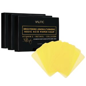 VALITIC Brightening Lemon Turmeric Kojic Acid Paper Soap - Vitamin C, Retinol, Collagen - Original Japanese Complex - Hyaluronic Acid, Vitamin E, Shea Butter, Castile Olive Oil - 3 Pack