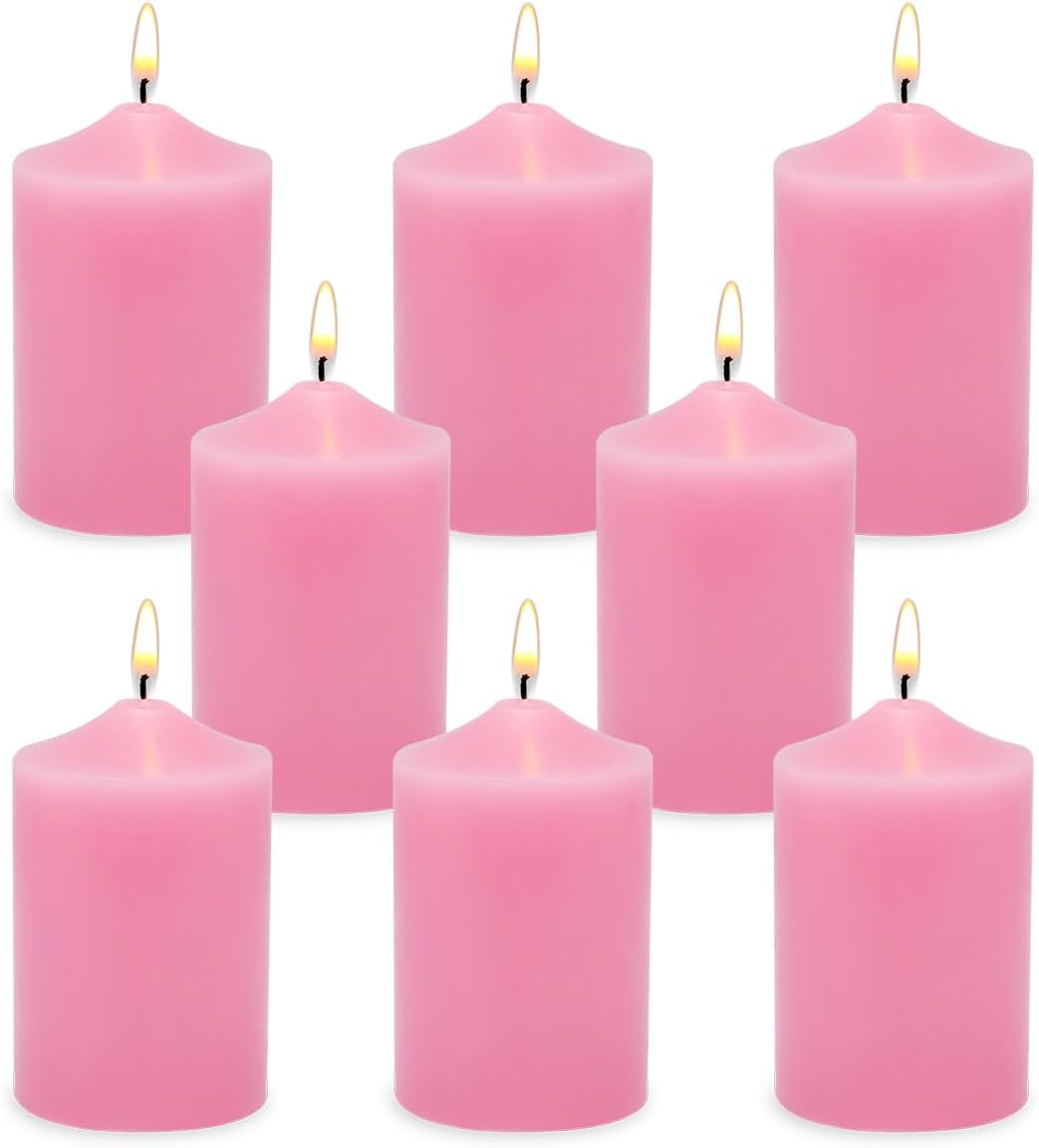 Small Unscented Pink Pillar Candles, 24 Hour 2x3 Inch Dripless Tapered Column Candles for Valentine's Day Home Party Holiday Dinner Table, Set of 8