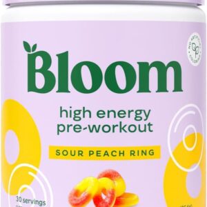 Bloom Nutrition High Energy Pre Workout Powder, Amino Energy with Beta Alanine, Ginseng & L Tyrosine, Natural Caffeine Powder from Green Tea Extract, Sugar Free & Keto Drink Mix (Sour Peach Ring)