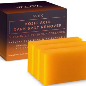 VALITIC Kojic Acid Dark Spot Remover Soap Bars with Vitamin C, Retinol, Collagen, Turmeric - Original Japanese Complex Infused with Hyaluronic Acid, Vitamin E, Shea Butter, Castile Olive Oil (3 Pack)
