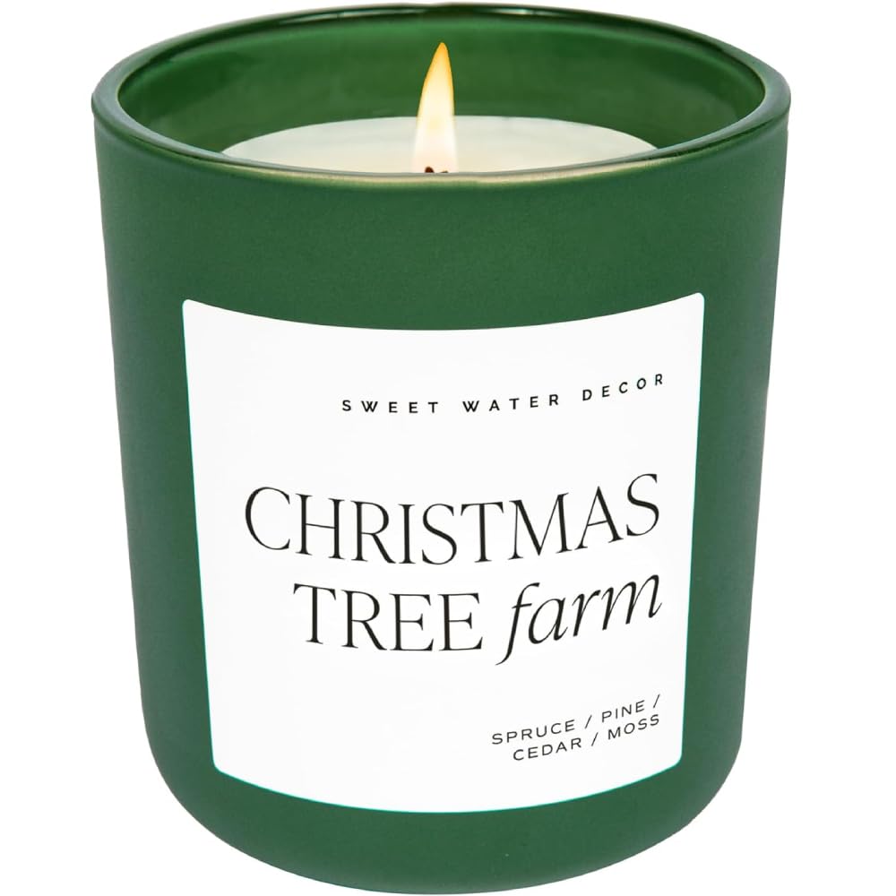 Sweet Water Decor Christmas Tree Farm Candle - Spruce, Cypress, Cedarwood, Pine Scented Candle - 15oz Green Jar, 70+ Hour Burn Time, Made in the USA - Soy Christmas Candles and Decor