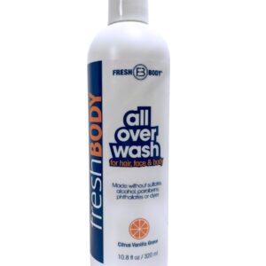 Fresh Body FB All Over Wash for Hair, Face & Body, 10.8oz Shampoo and Body Wash for Men & Women - Citrus Vanilla Grove Shower Gel, Made without Alcohol, Sulfates, Dyes or Parabens