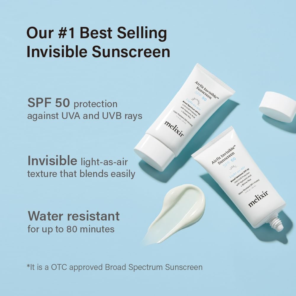 Melixir Airfit Invisible™ Sunscreen SPF 50, Broad Spectrum Korean Rice Sunscreen for Face, Hyaluronic Acid, Moisturizing Daily Protection for Sensitive Skin, No White Cast, Waterproof (1.7fl.oz./50ml) - Image 2