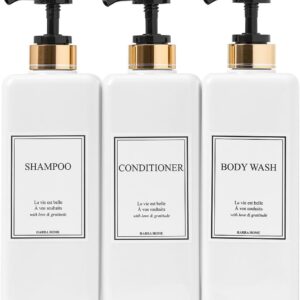 Modern Gold Design Pump Bottle Set 27 oz Refillable Shampoo and Conditioner Dispenser Empty Shower Plastic Bottles with Pump for Bathroom Lotion Body wash Massage Oils, Pack of 3 (Black)