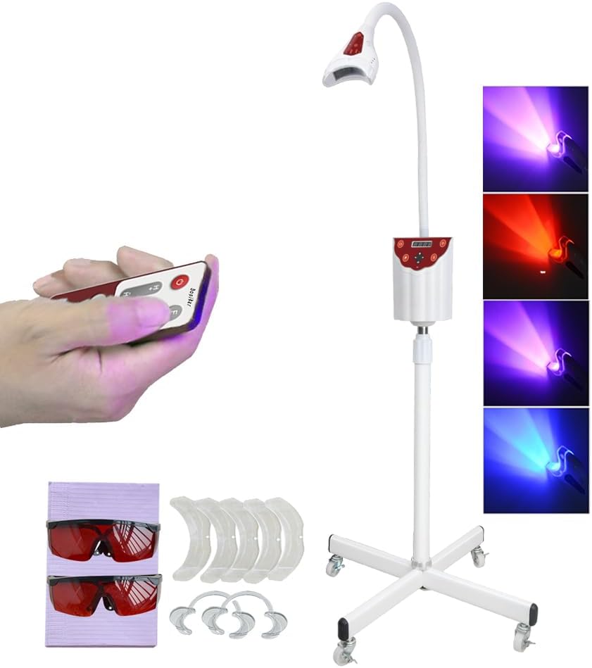 Moblie Teeth Whitening LED Lamp Professional Machine, Teeth Whitening Light LED Whitening Lamp 6 LED Cold Light 4 Colors and Remote Control,Teeth Bleaching System Machine Floor Stand Whitener