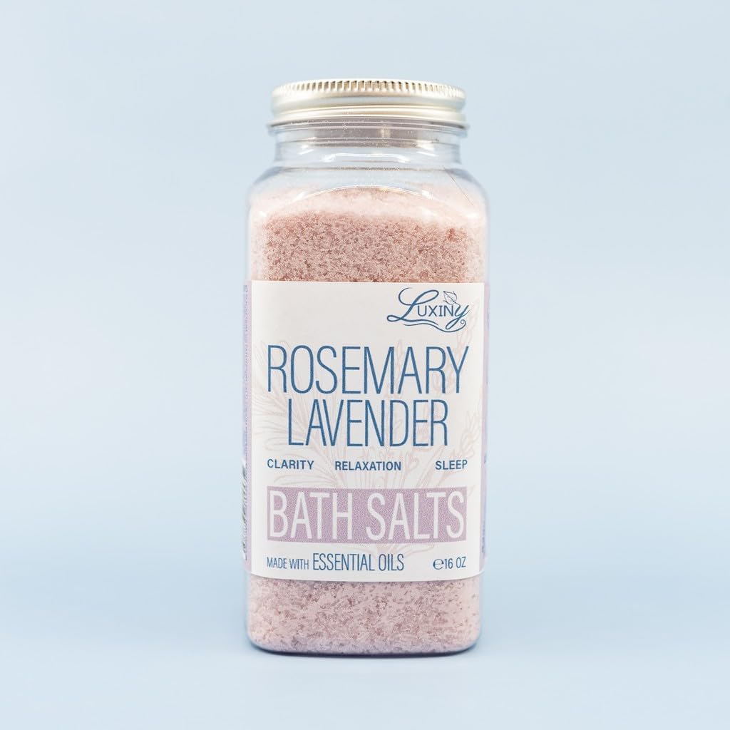 Bath Salts for Women, Relaxing Sea Salt Bath Soak with Moisturizing Almond Oil and Essential Oils, Made in The USA by Luxiny, 16 oz. (Rosemary Lavender)