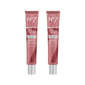 No7 Restore & Renew Face & Neck Multi-Action Serum - Collagen Peptide Anti-Aging Facial Treatment - Hyaluronic Acid Hydrating + Pro Retinol Skin Firming Hibiscus Peptides (2 Pack, 1.69 Fl Oz Each)