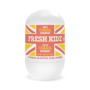 Fresh Kidz Roll On Deodorant for Kids and Teens - Baking Soda and Aluminum-free 24 Hour Protection for Sensitive Skin - Girls "Coral" 1.86 fl.oz.