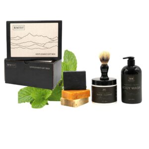 Gentleman’s Shower Set With Peppermint Tea Tree Shave & Cleanse, Body Wash, Shave Brush & Three Bar Soaps (Activated Charcoal, Peppermint Tea Tree, Red Rock Rum), Grooming Kit for Men