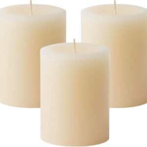 Mister Candle Dripless Unscented Pillar Candles, Set of 3 Hand Poured Solid Color Non-Scented Candles for Home Decor, Premium Wax, 60 Hr Burn Time - 3x4 Inch, Ivory