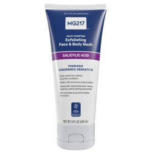 MG217 Medicated Exfoliating Face and Body Wash for Psoriasis Symptoms, Salicylic Acid, Hyaluronic Acid, Niacinamide, Ceramides, 8 floz