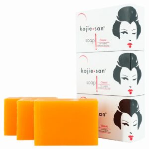 Kojie San Skin Brightening Soap - Original Kojic Acid Dark Spot Remover Soap, Paraben-Free Bar with Coconut & Tea Tree Oil for Face & Body, Gently Exfoliates for Smooth, Even Skin Tone – 100g x 3 Bars