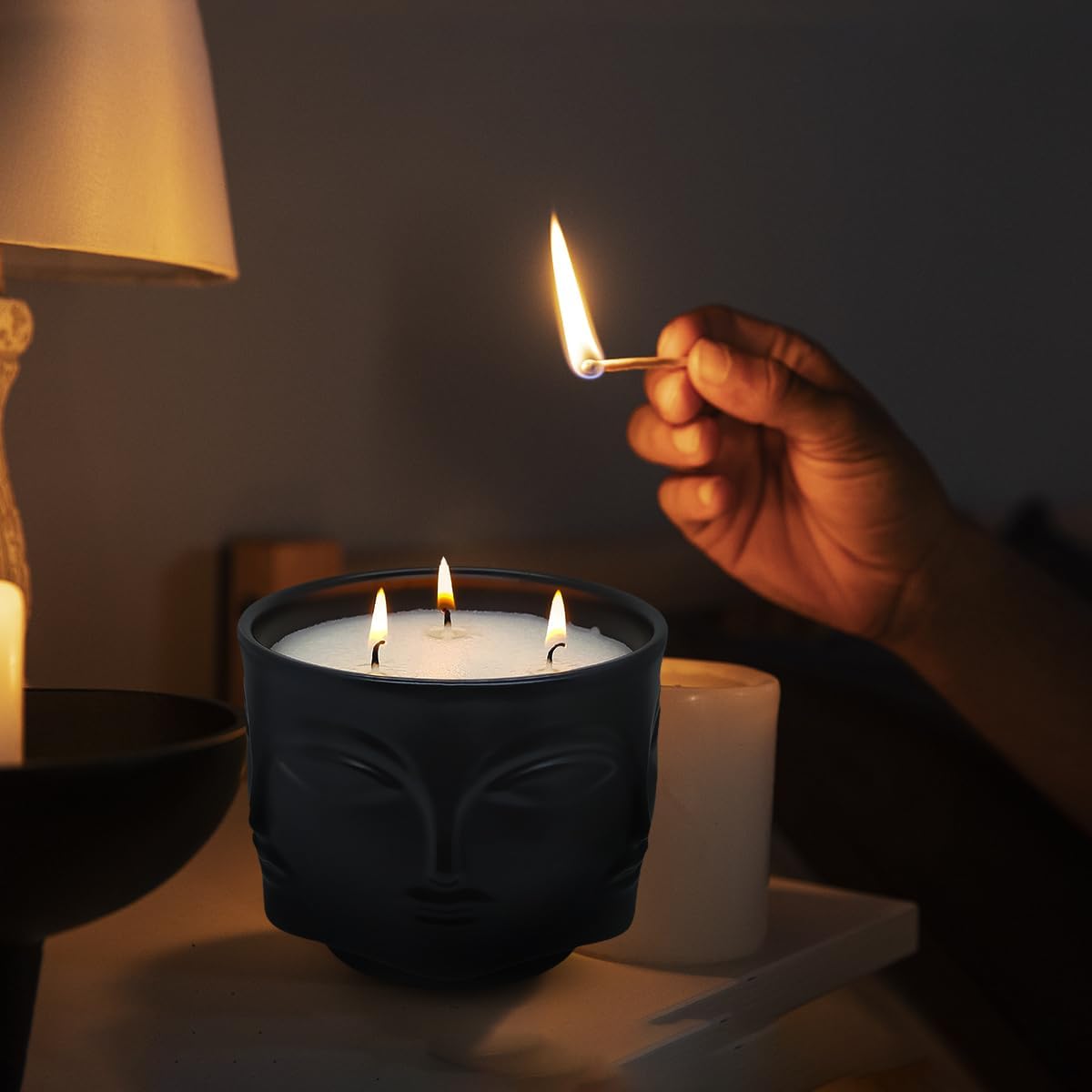 20 oz Black Buddha Head Aromatherapy Candle, Lavender Scent, 3-Wick Soy Wax Candle for Relaxation and Meditation, Decorative Candle for Home Décor, Stress Relief Candle - Image 3