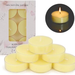 Scented Tea Light Candle 6 Pack, 8 Hour Extended Burn Time, 100% Natural Soy Wax NoSmokeless Tea Warmer Candles Tealight Candles for Decor Holidays, Room Ambiance, Aromatherapy Relaxing (Lemon)