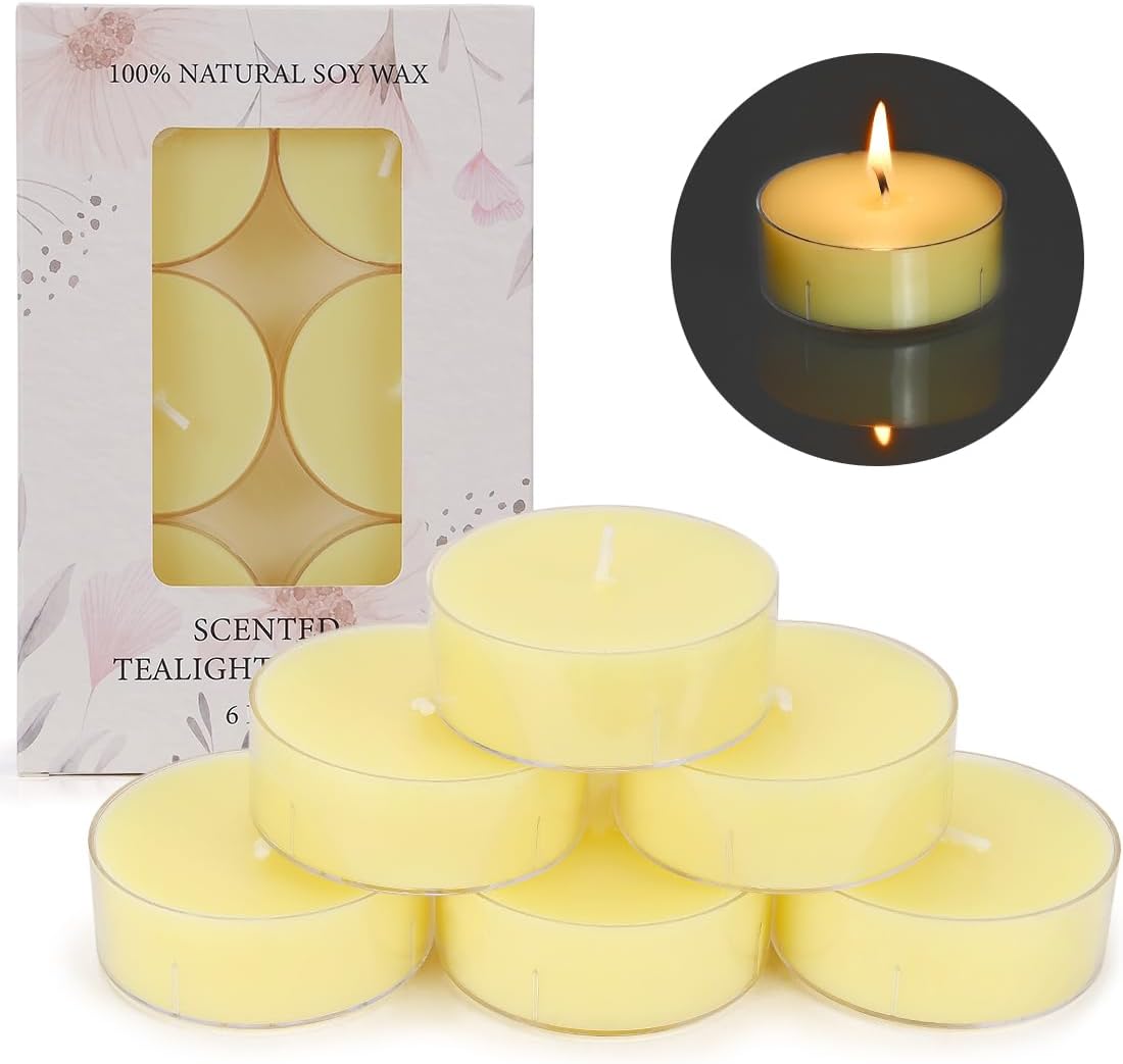 Scented Tea Light Candle 6 Pack, 8 Hour Extended Burn Time, 100% Natural Soy Wax NoSmokeless Tea Warmer Candles Tealight Candles for Decor Holidays, Room Ambiance, Aromatherapy Relaxing (Lemon)