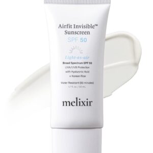 Melixir Airfit Invisibleโข Sunscreen SPF 50, Broad Spectrum Korean Rice Sunscreen for Face, Hyaluronic Acid, Moisturizing Daily Protection for Sensitive Skin, No White Cast, Waterproof (1.7fl.oz./50ml)