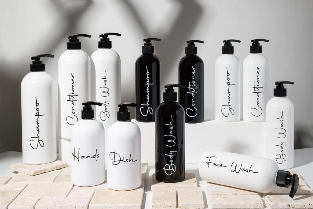 Alora Reusable Shampoo and Conditioner Bottles - Set of 3 - Matte Black - Permanent Stylish Labels - 16oz Pump Bottle Dispenser for Shampoo, Conditioner, Body Wash - Plastic Refillable Containers… - Image 7