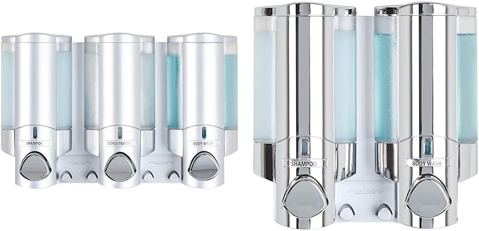 Better Living Products 76335-1 Aviva 3 Chamber Wall Mount Soap and Shower Dispenser, Satin SilverChrome & Products 76245-1 Aviva Two Chamber Dispenser, Chrome
