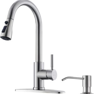 WEWE Kitchen Sink Faucet with Soap Dispenser, Kitchen Faucet with Pull Down Sprayer 3 Modes Stainless Steel Single Handle Single Hole Pull Out Brushed Nickel Faucet for Bar Laundry RV Utility Sink