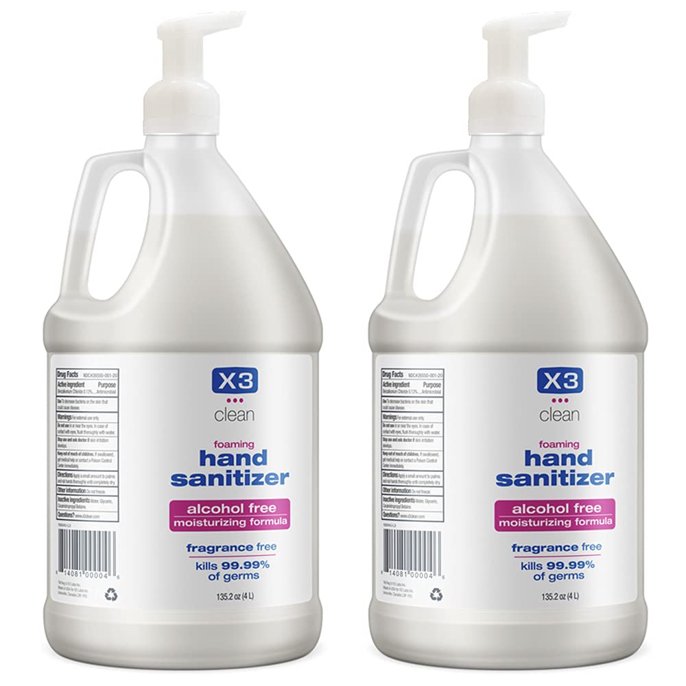 Hand Sanitizer Foaming Pump – Alcohol Free & Fragrance Free Moisturizing Formula – Kills 99.9% Germs – Made in USA - 135.2 oz (4L) Economy Refill Size (2 Pack)