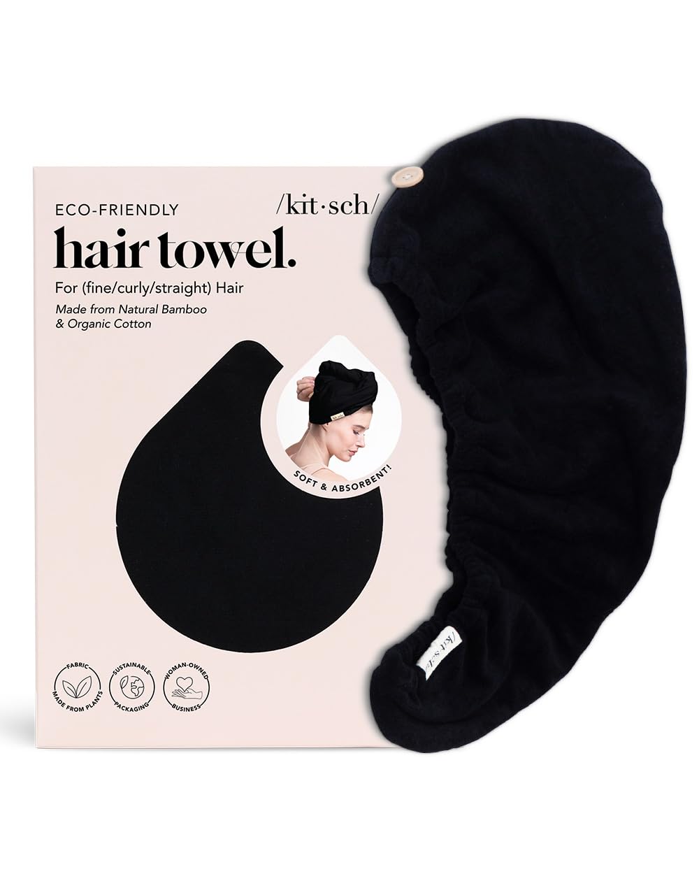 Kitsch Microfiber Hair Towel Wrap for Women - Super Absorbent Hair Drying Towel - Quick Dry, Anti-Frizz - for Long & Short, Wet & Curly Hair - Black - Image 2