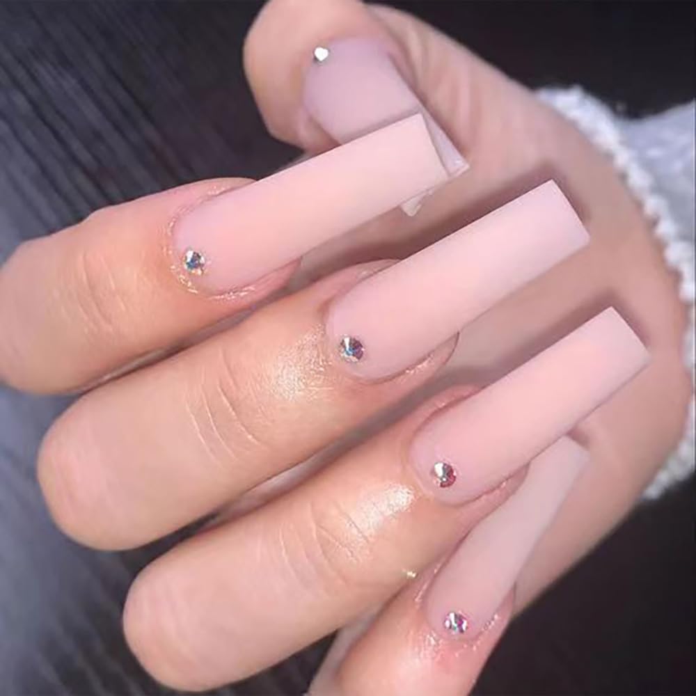 Matte Pink Press on Nails Long Square Fake Nails with Glue Acrylic Classy Glue on Nails with Designs Fantasy Gel Manicure False Nail for Women Classy Stick ons Nails for Wedding Birthday