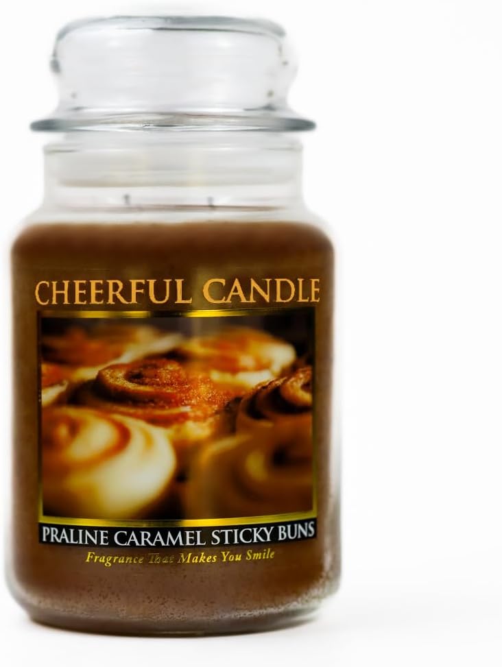 A Cheerful Giver — Praline Caramel Sticky Buns - 24oz Large Scented Candle Jar with Lid - Cheerful Candle - 135 Hours of Burn Time, Christmas Gift for Women, Brown