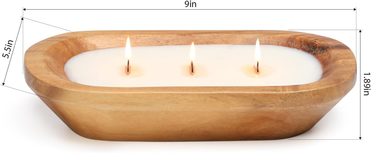 Wooden Bowl Candle 10 Inch, Soy Large Farmhouse Candle for Table, Sandalwood Scented, 3 Wood Wicks, Christmas Candle Gifts for Men & Women - Image 3