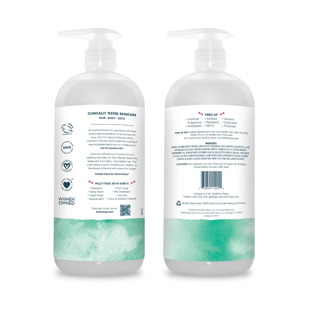 Kirk's 3-in-1 Head to Toe Nourishing Liquid Cleanser & Travel Size Bar Soap - for Men, Women & Children - Premium Coconut Oil & Aloe Vera- Non GMO & Vegan -Mint & Eucalyptus - 32 Fl Oz - Image 2