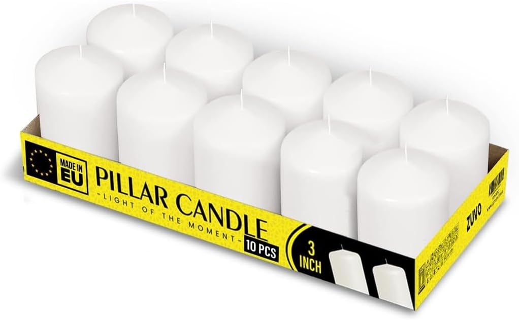 Pillar Candles 3 Inches,White Unscented Candle Long Burning Candles for Spa, Home, Restaurants and Emergency - Bulk Slow 12 Hours Burning Pillar Candles - (Pack of 10)