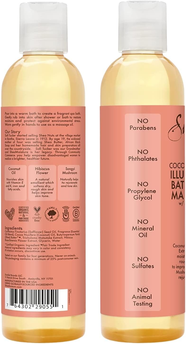SheaMoisture Bath, Body & Massage Oil, Coconut & Hibiscus, 2-Pack – Illuminating Moisturizer for Dry Skin, 8 Oz Ea - Image 2