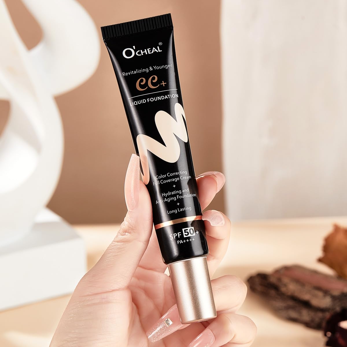O'CHEAL CC Cream with SPF 50+, Hydrating Color Correcting Cream Full Coverage Lightweight Powder Foundation, Waterproof Long Lasting Pre-makeup Primer Facial Concealer Refine Skin Texture (Ivory) - Image 7