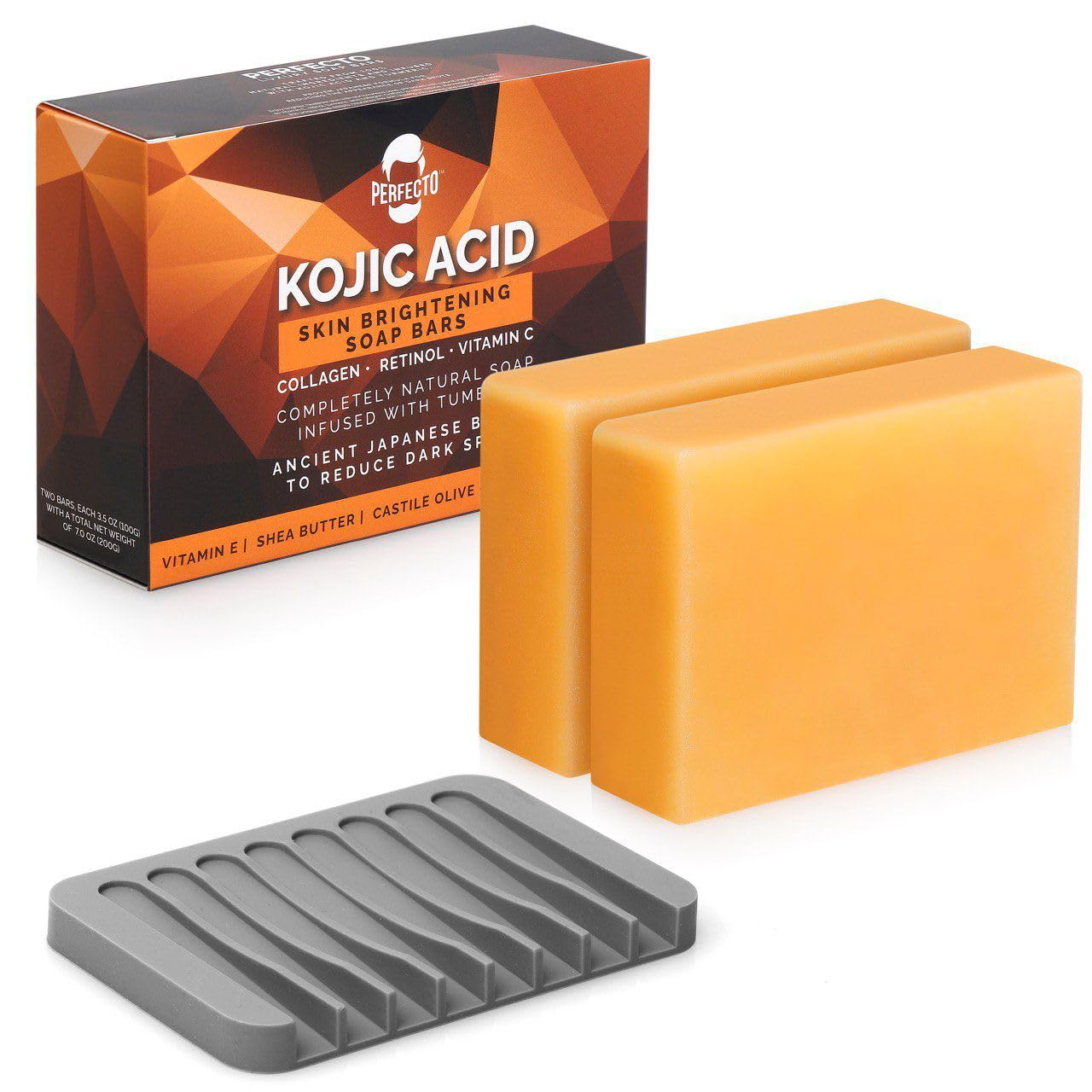 Perfecto Kojic Acid Soap for Hyperpigmentation - All-Natural Kojic Acid Turmeric Soap Bars - Soap Bar Reduces Dark Spots - Skin Soap with Vitamin C, Retinol, Collagen -100g x 2 Bars