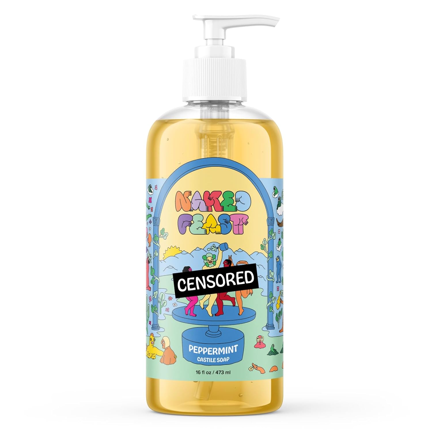 Naked Feast Peppermint Soap, Pure Castile Soap Liquid, Olive Oil Based, Organic, Vegan, Natural Bath Body Wash and Hand Soap Gel Cleaner - 16 oz