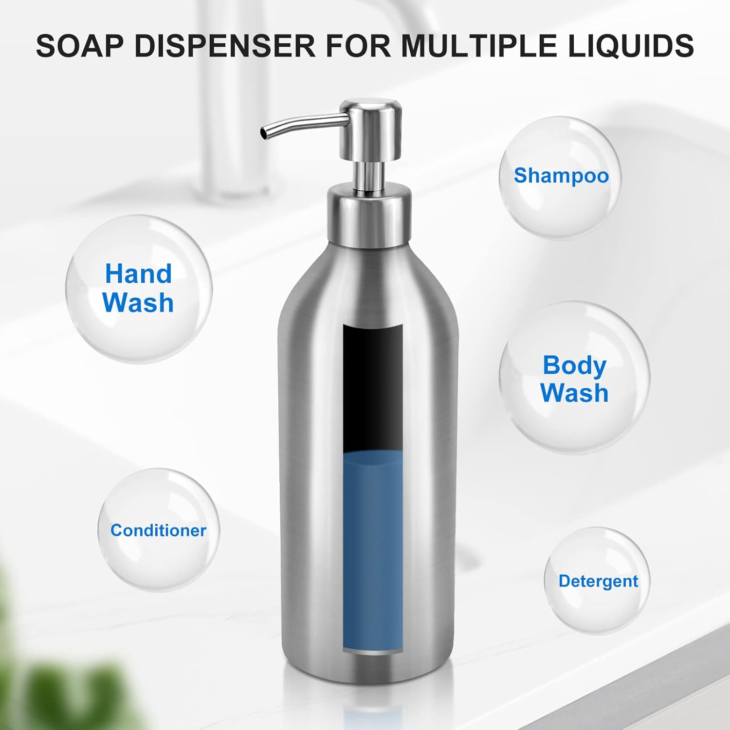 Large Dish Soap Dispenser - 25.5Oz Countertop Brushed Stainless Steel Soap Bottle with Anti-Rust Leakproof Pump, Hand Liquid Soap Dispenser for Bathroom & Kitchen - Image 6