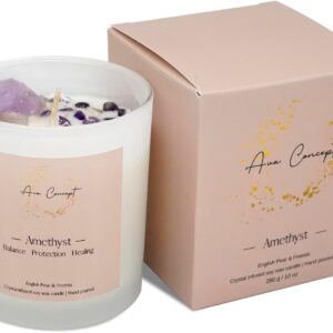 Healing Crystal Candle, Scented Candle Infused Amethyst and Clear Quartz Crystals, English Pear&Freesia Scented,Positivity Energy Wellness, Gift for Women Aromatherapy Clean Vegan 10Oz Jar