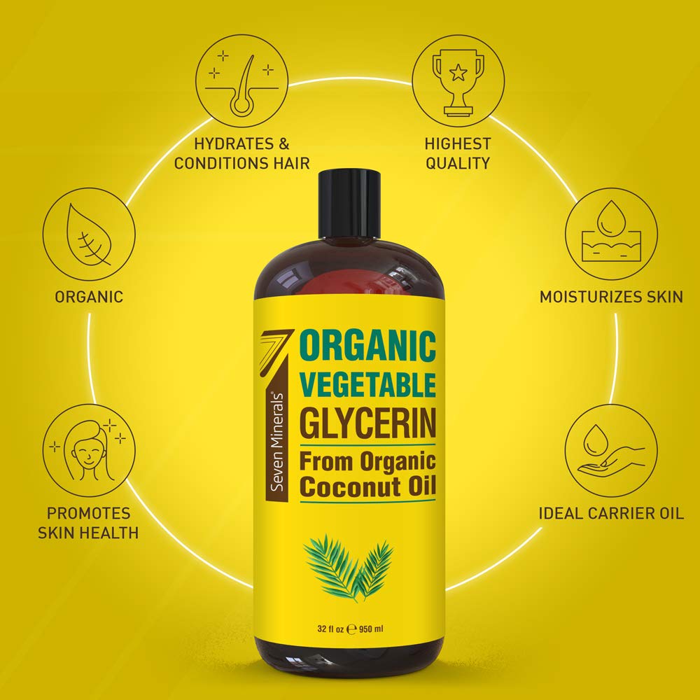 Seven Minerals, Organic Vegetable Glycerin - Big 32 fl oz Bottle - No Palm Oil, Made with Organic Coconut Oil - Therapeutical Grade Glycerine for DIYs - Hair, Nails & Skin Moisturizer - Non-Gmo - Image 2