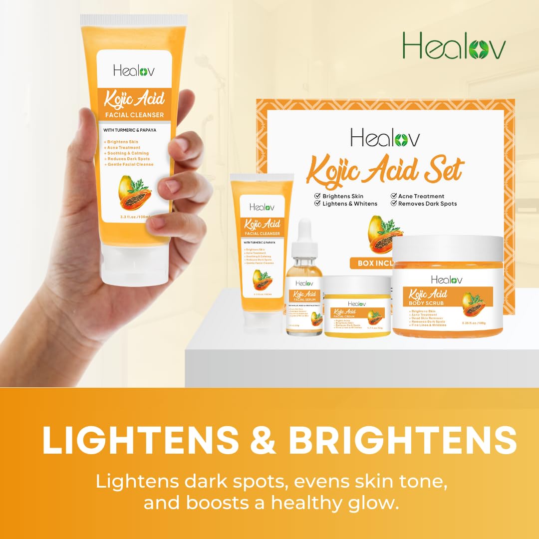 Kojic Acid Skincare Set – Kojic Soap Cleanser, Exfoliating Body Scrub, Face Cream & Brightening Facial Serum – Skin Brightening Hyperpigmentation Treatment, Dark Spot Corrector – with Turmeric Papaya - Image 5