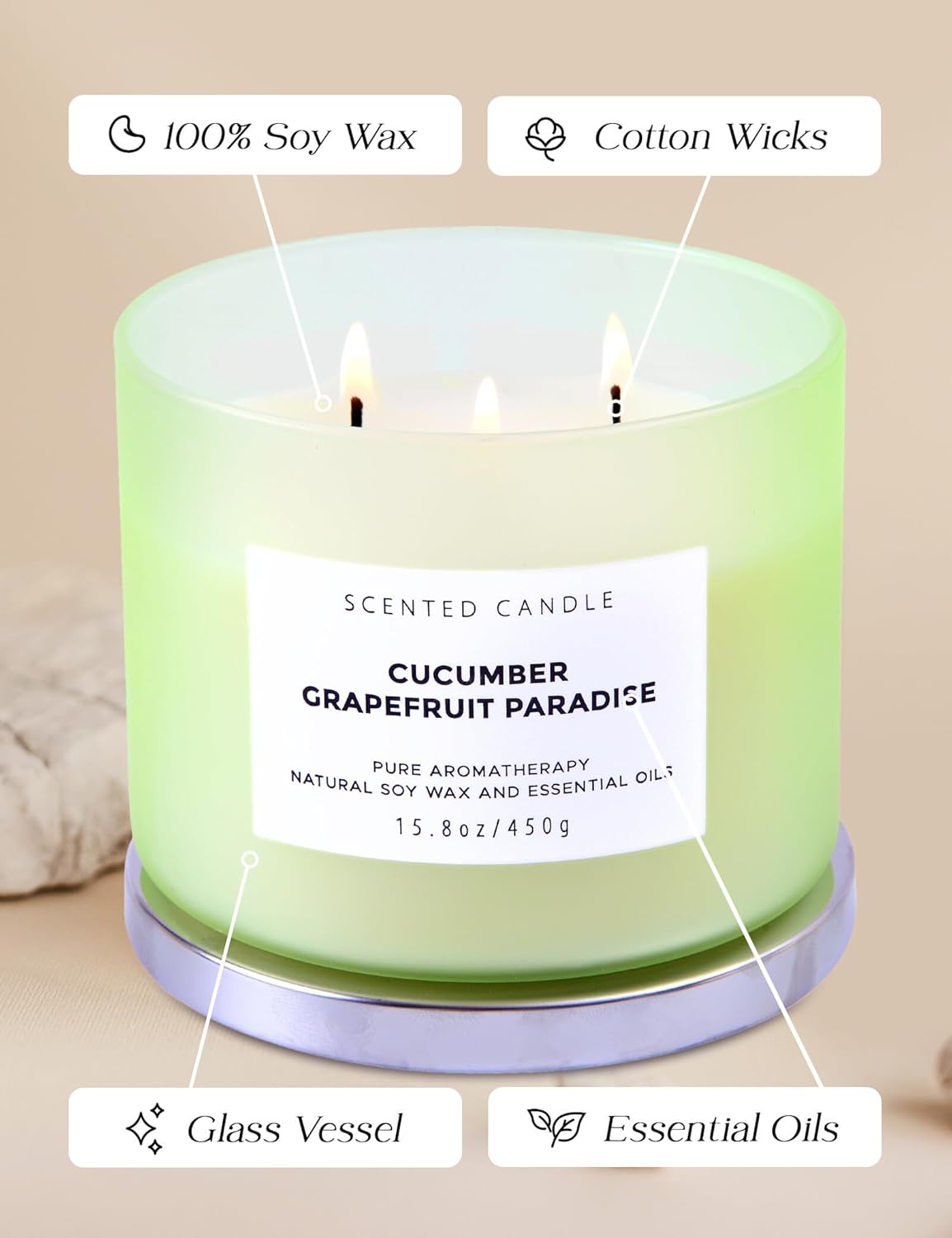 Cucumber Grapefruit Melon Scented Candle | Large 3 Wick Soy Candle for Home 15.8 oz | Refreshing Spring & Summer Aromatherapy Stress Relief Candles Long Lasting | Relaxing Candles for Women & Men - Image 5