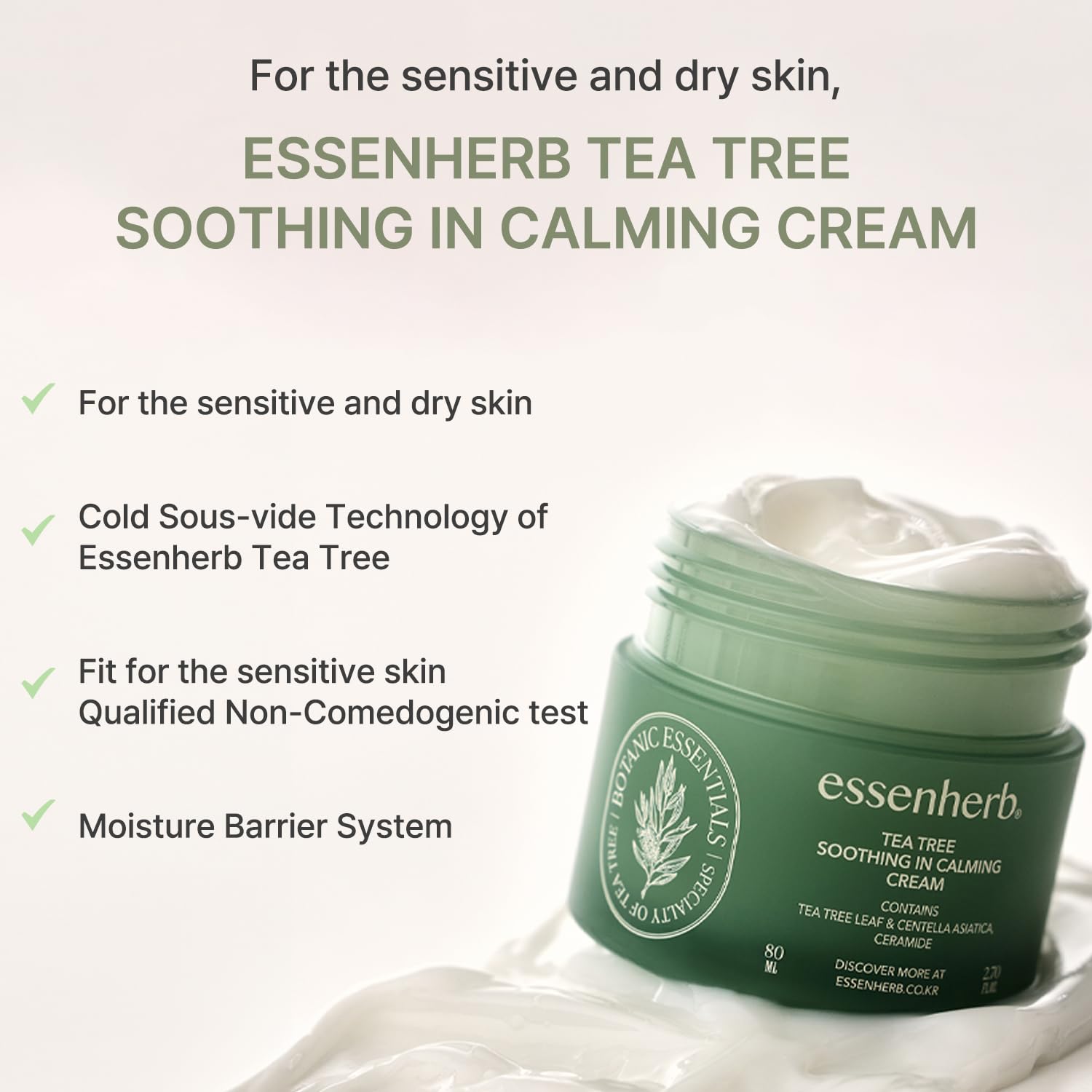 Tea Tree Calming Cream Korean Face Moisturizer for Sensitive Dry Skin 80ml - Image 3