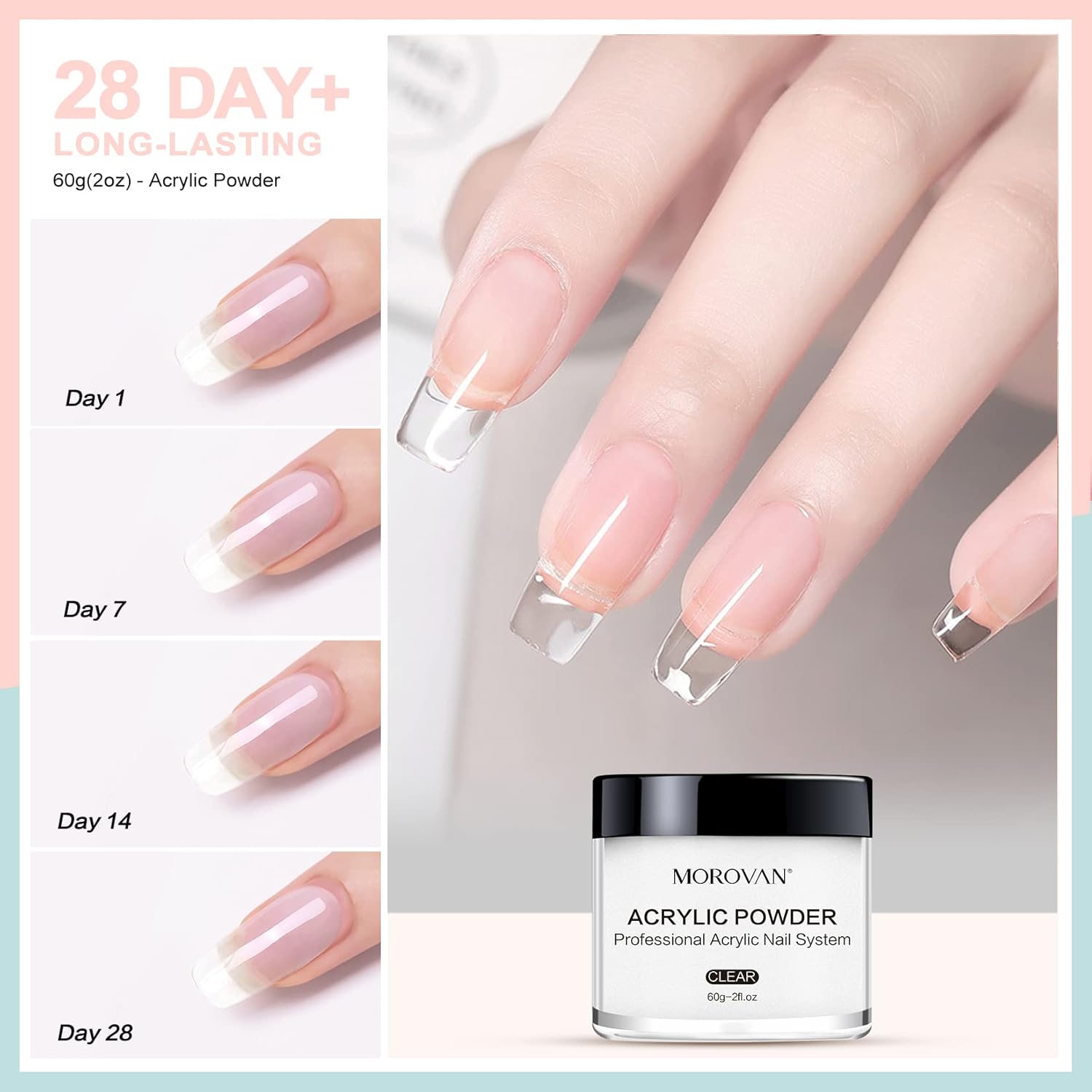 Morovan 4 Color Acrylic Nail Powder Set Clear Nude Pink White for Nail Art - Image 6