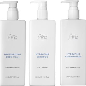Aria Shower Set - Shampoo, Conditioner, Body Wash - Scented with Cedarwood, Green Mandarin, Lavender - Vegas Hotel Bath Amenities - 10 oz, White