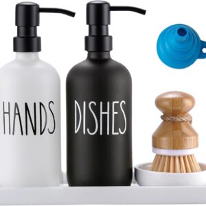 Glass Soap Dispenser for Kitchen Sink,Farmhouse Kitchen Dish Soap Dispenser&Hand Soap Dispenser Set,Rustproof Pump Soap Dispenser Set with Tray and Dish Brush,Kitchen Decor(Black&White)