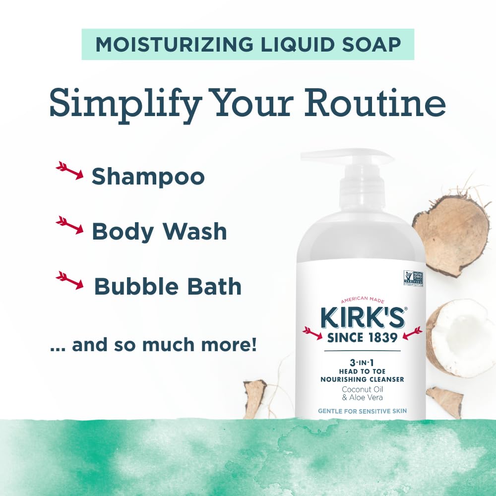 Kirk's 3-in-1 Head to Toe Nourishing Liquid Cleanser & Travel Size Bar Soap - for Men, Women & Children - Premium Coconut Oil & Aloe Vera- Non GMO & Vegan -Mint & Eucalyptus - 32 Fl Oz - Image 3