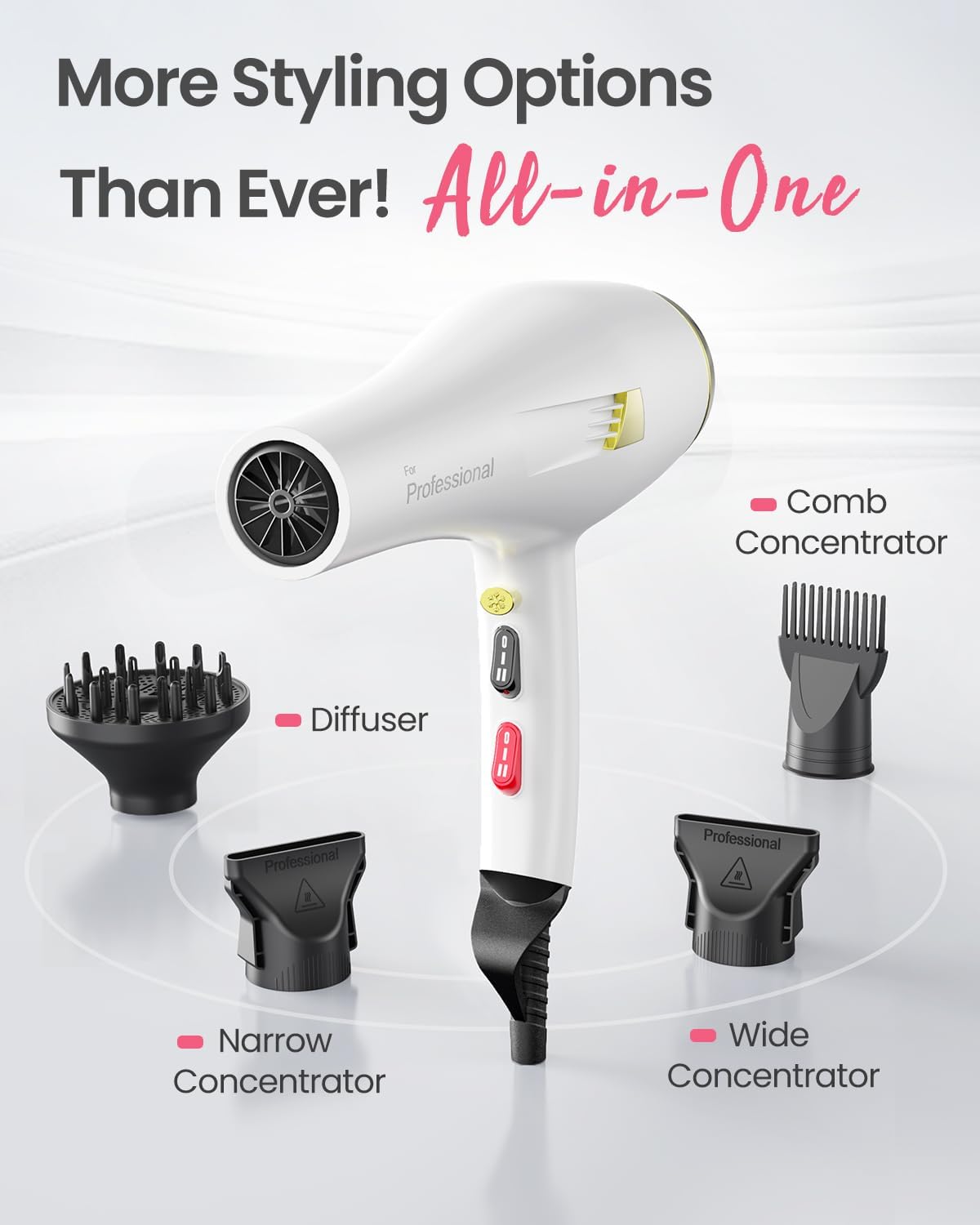 Professional Ionic AC Motor Hair Dryer White 2000W with Diffuser Comb Nozzle Concentrator 2 Speed 3 Heat Cool Shot - Image 7