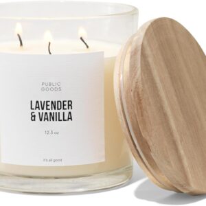 Public Goods Scented Soy Candle for Women & Men | Large 3 Wick Glass Candle | Long Lasting & Non Toxic | Made with Natural Soy Wax & Organic Essential Oils | Gift Box | 12.3oz Jar | Lavender & Vanilla